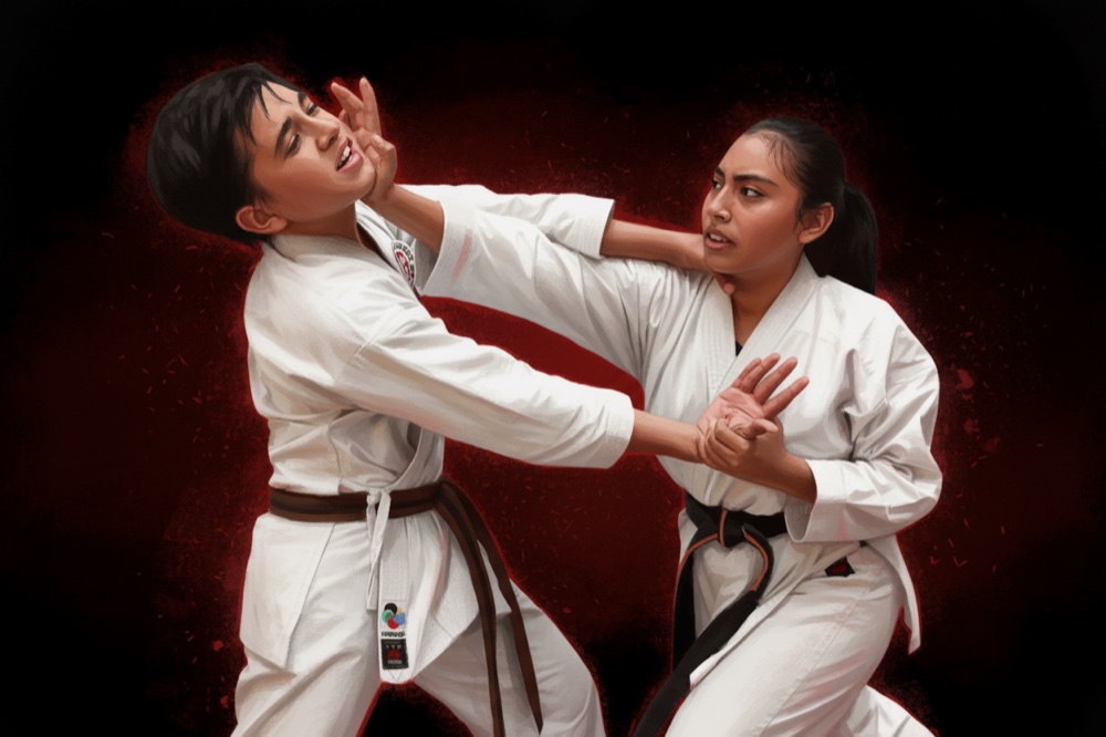 Teen students practicing self-defense